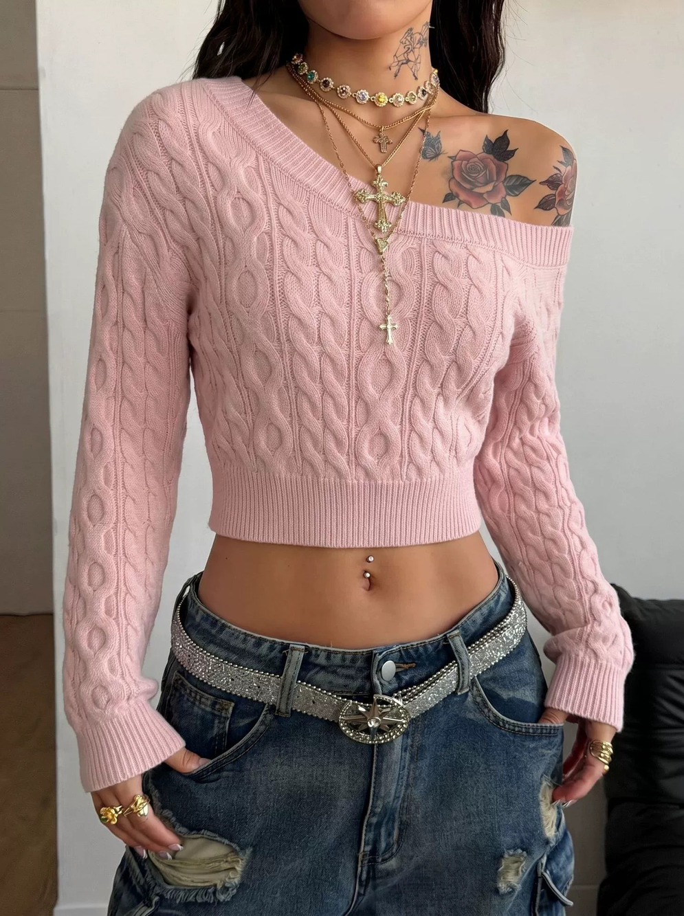 Zara Cropped Off Shoulder Cable Knit Sweater Slim Fit Long Sleeve